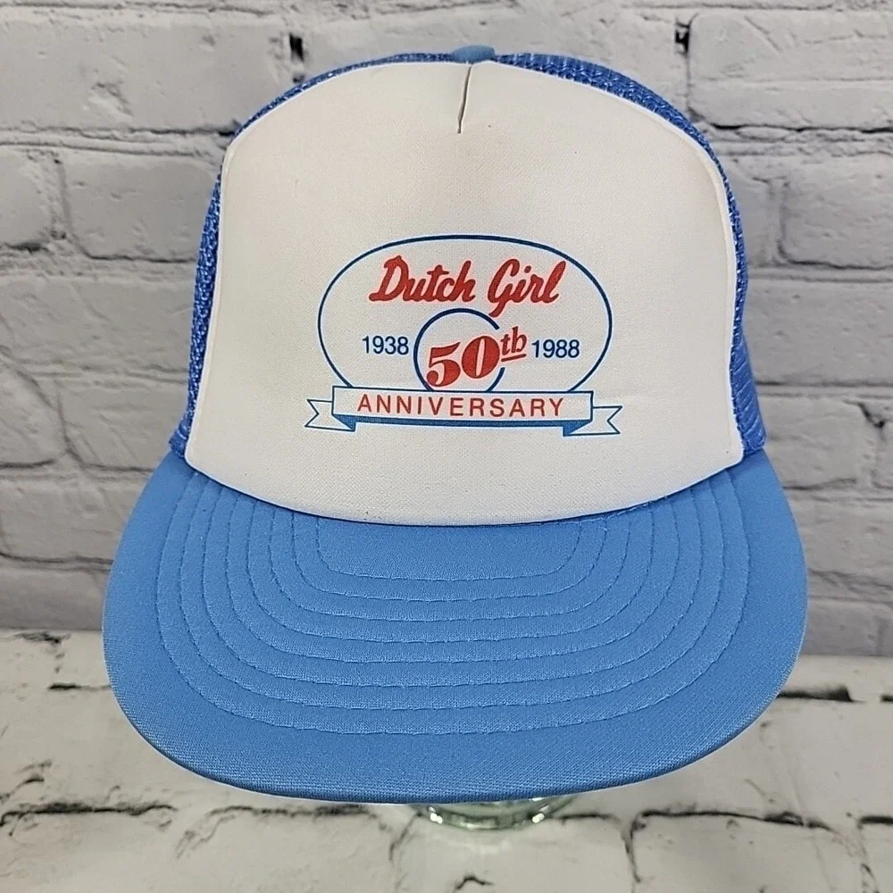 Vintage 80s Trucker Hat Dutch Girl Anniversary Blue Mesh‎ Snapback Otto Ball Cap